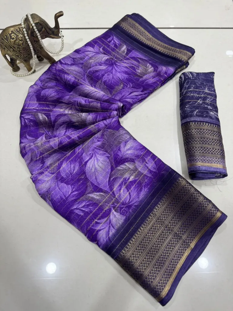 Purple Soft Silk Saree with Purple Border and Floral Print Design