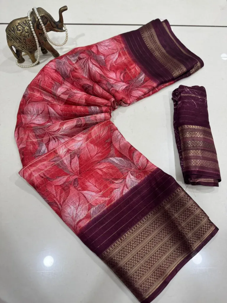 Red Soft Silk Saree with Brown Border and Floral Print Design
