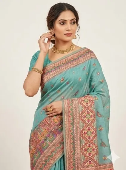 Elegant Sea Green Pashmina Cotton Saree with Ethnic Woven Border