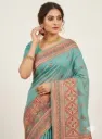 Elegant Sea Green Pashmina Cotton Saree with Ethnic Woven Border