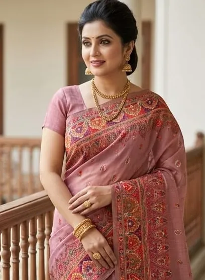 Elegant Pink Pashmina Cotton Saree with Traditional Multicolor Border
