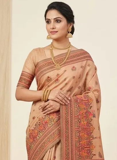 Elegant Beige Pashmina Cotton Saree with Traditional Multicolor Woven Border