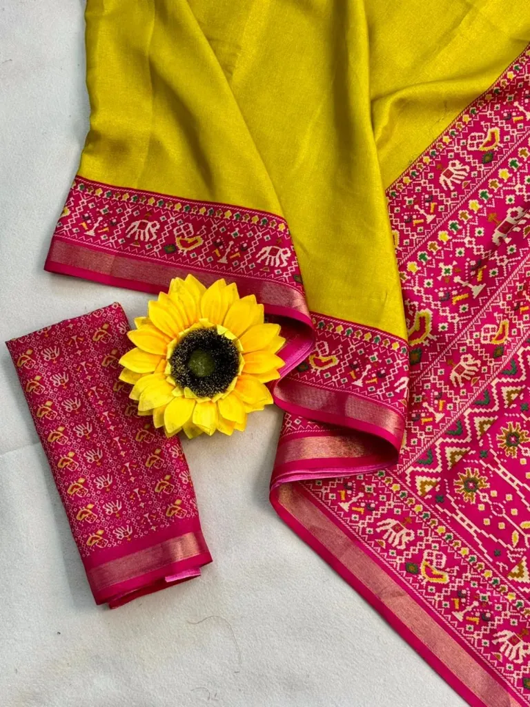 Royal Haldi Yellow Patola Silk Saree with Rani Pink Designer Border