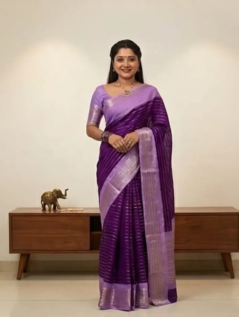 Women’s Royal Purple Linen Silk Saree with Lavender Zari Border