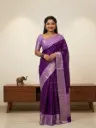 Women’s Royal Purple Linen Silk Saree with Lavender Zari Border