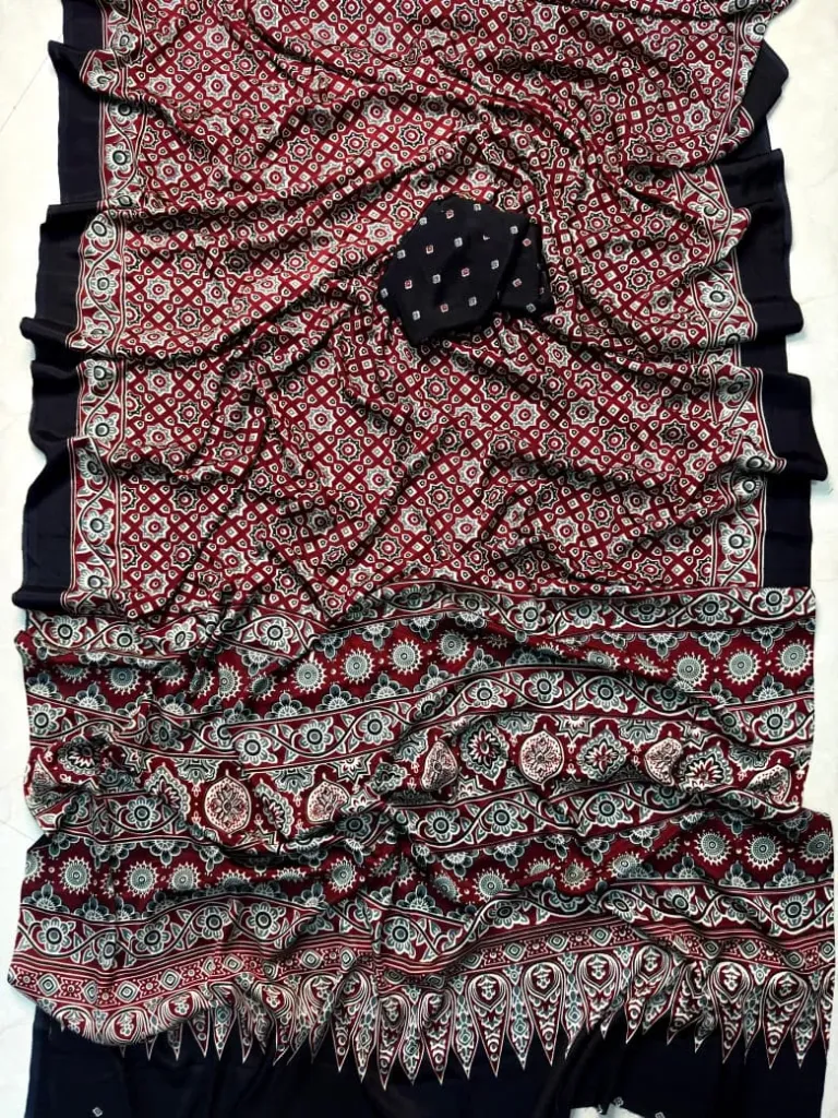 Women’s Maroon & Black Ajrakh Printed Saree with Designer Border