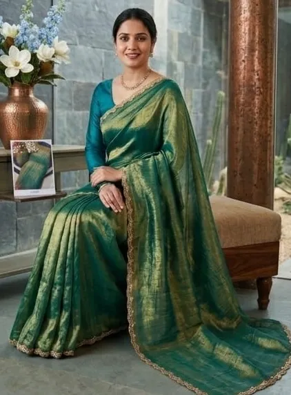 Elegant Teal Green Western Style Organza Saree with Designer Lace Border