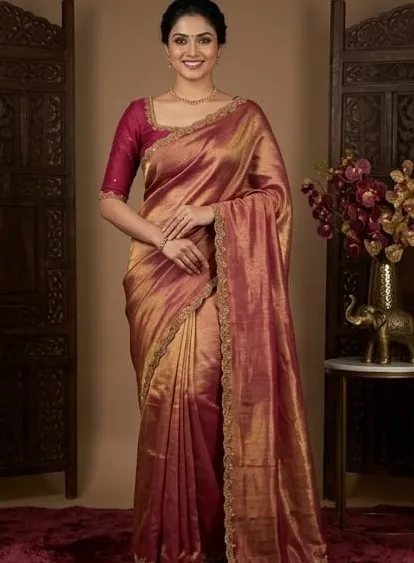Elegant Wine Pink Soft Western Saree with Golden Designer Border