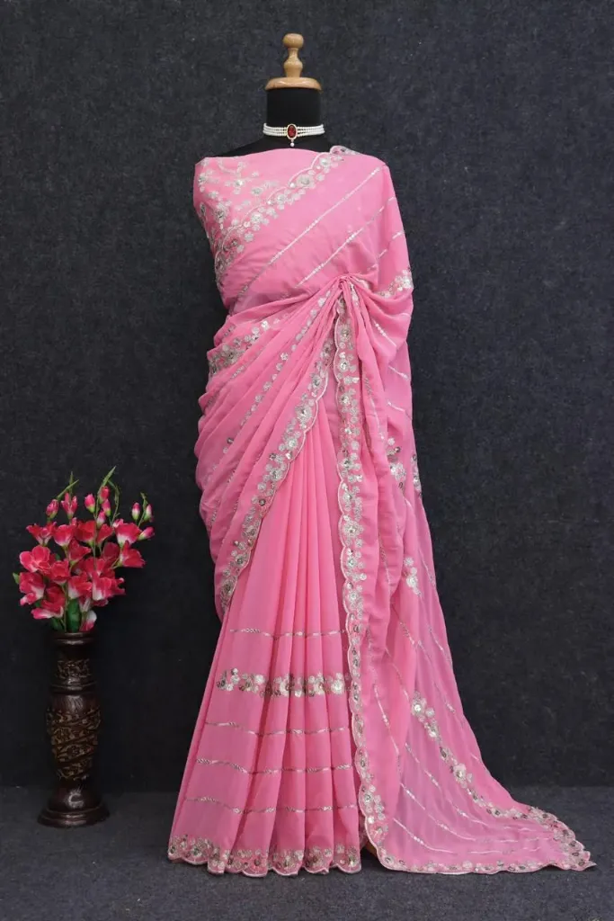 Elegant Baby Pink Georgette Saree with Sequins Embroidery Border