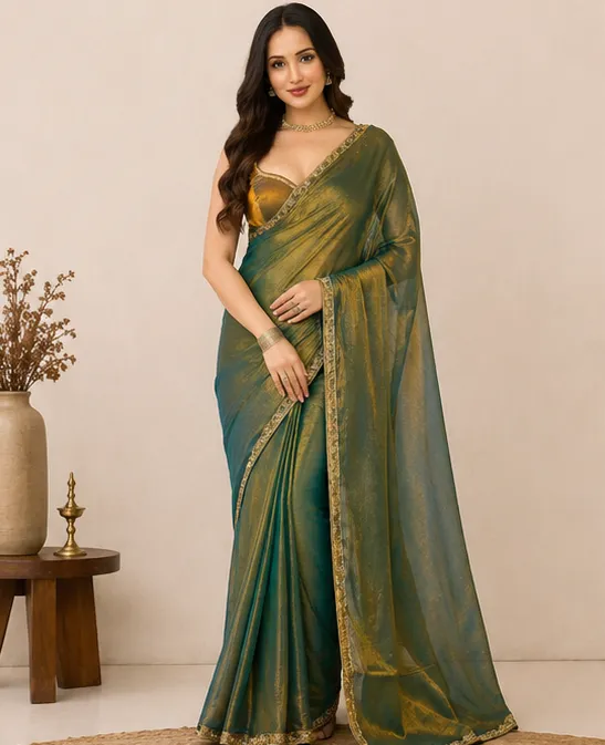 Embellished Bollywood Tissue, Pure Silk Saree (Mustard)