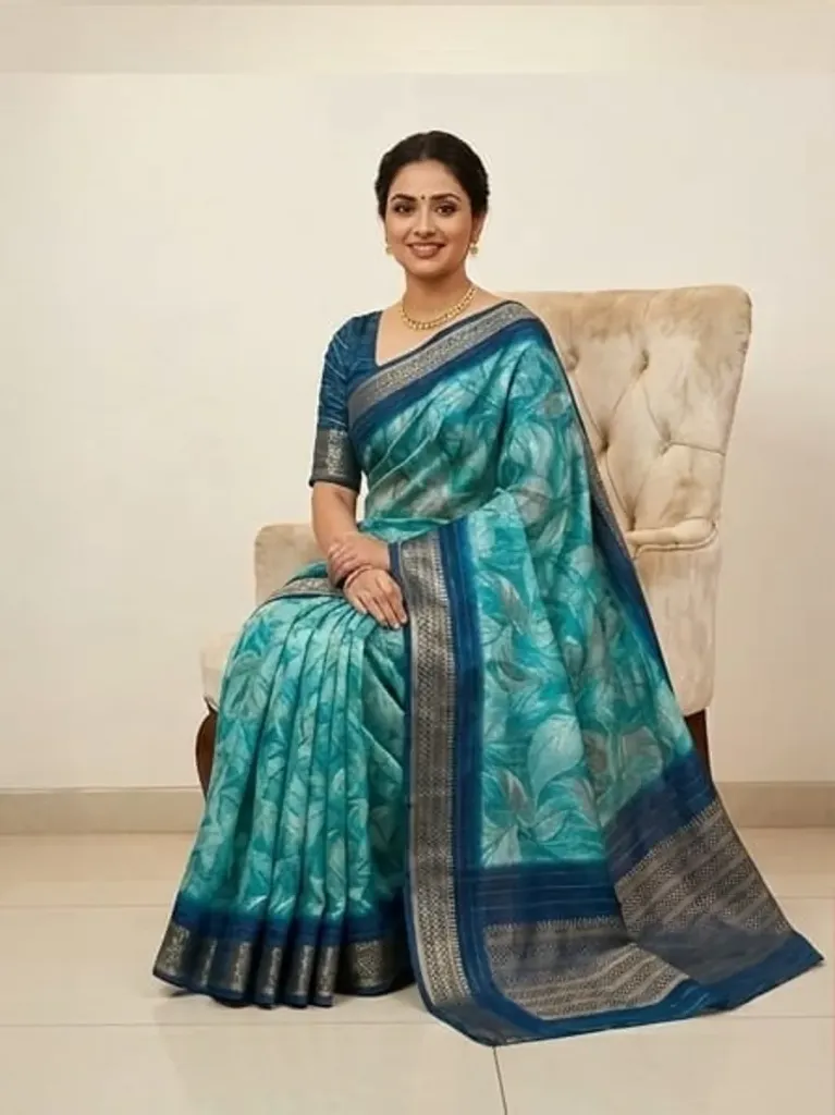 Blue Soft Silk Saree with Navy Blue Border and Floral Print Design