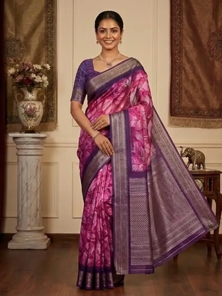 Blue Soft Silk Saree with Purple Border and Floral Print Design