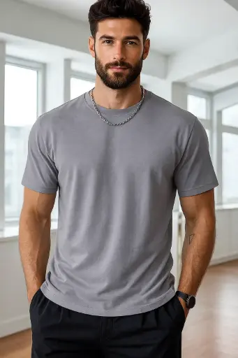 Self Design Men Grey T-Shirt